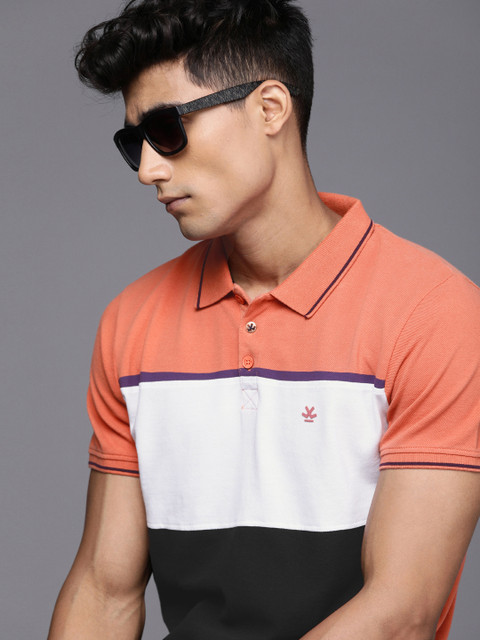 

WROGN Men Orange Black Colourblocked Polo Collar Pure Cotton Slim Fit Pure Cotton T-shirt