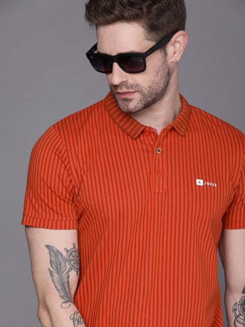 

WROGN Men Rust Orange Striped Polo Collar Slim Fit Pure Cotton T-shirt