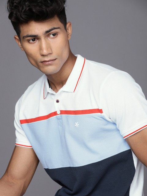 

WROGN Men Navy Blue White Colourblocked Polo Collar Pure Cotton Slim Fit Pure Cotton T-shirt