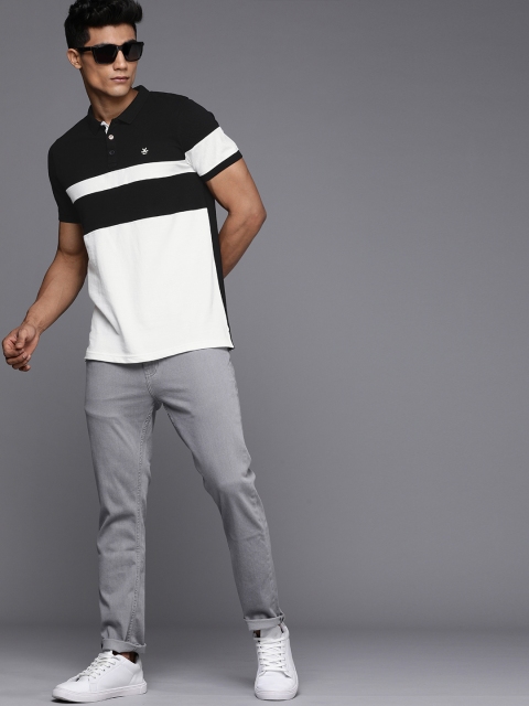

WROGN Men White Black Colourblocked Polo Collar Slim Fit Pure Cotton T-shirt