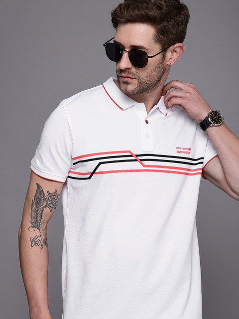 

WROGN Men White & Black Striped Polo Collar Slim Fit Pure Cotton T-shirt
