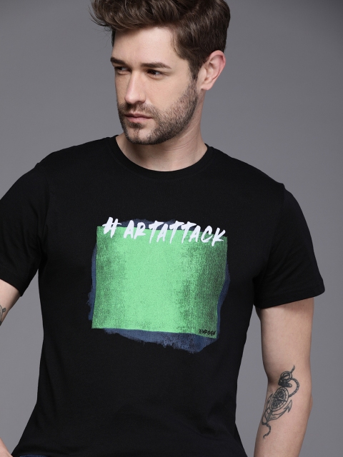 

WROGN Men Black & Green Typography Printed Slim Fit Pure Cotton T-shirt