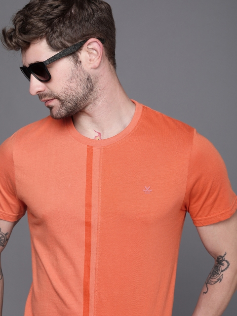 

WROGN Men Pink Striped Slim Fit Pure Cotton T-shirt