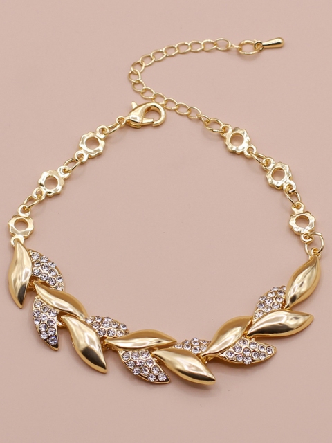

ToniQ Women Gold-Toned & White Cubic Zirconia Gold-Plated Leaf Charm Bracelet