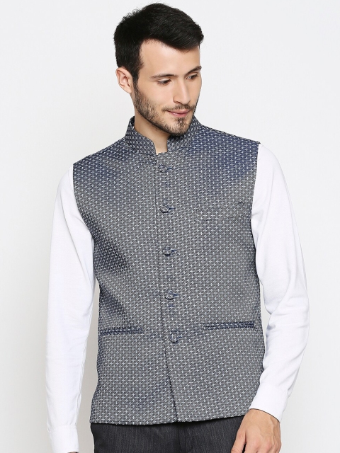 

Blacksmith Men Blue Woven-Design Jacquard Slim-Fit Nehru Jacket