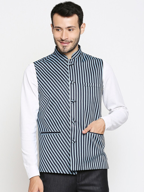 

Blacksmith Men Woven-Design Jacquard Slim-Fit Nehru Jacket, Blue