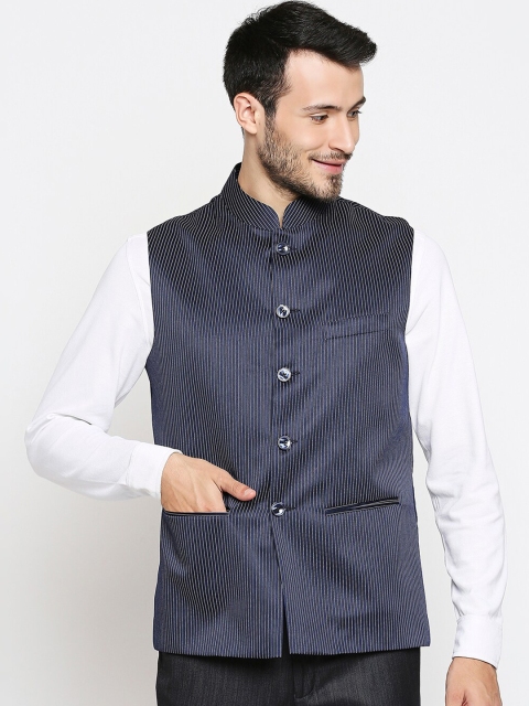 

Blacksmith Men Navy Blue & White Vertical Striped Nehru Jacket