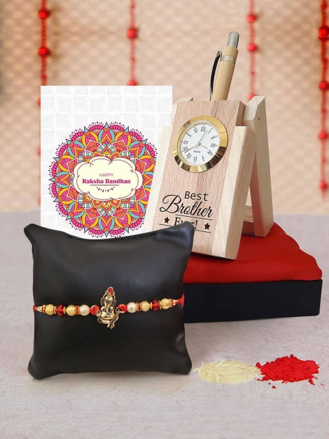 

TIED RIBBONS Bhai Rakhi with Wooden Penstand & Card Combo Gift Set, Multi