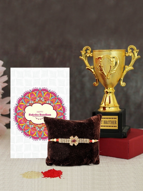 

TIED RIBBONS Rudraksha Bhai Rakhi Trophy & Card Combo Gift Set, Multi