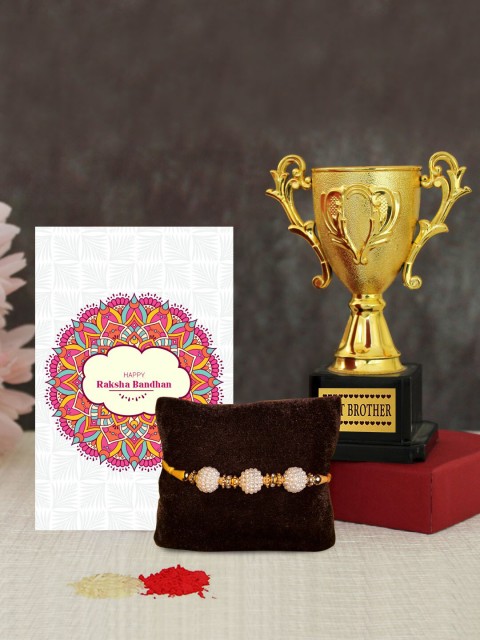 

TIED RIBBONS Multicolored Rudraksha Rakhi with Best Brother Trohy & Card Combo Gift Set, Multi