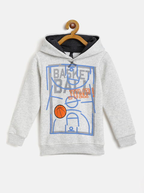 

GAME BEGINS Boys Grey Melange & Blue Basketball Printed Hooded Cotton Sweatshirt