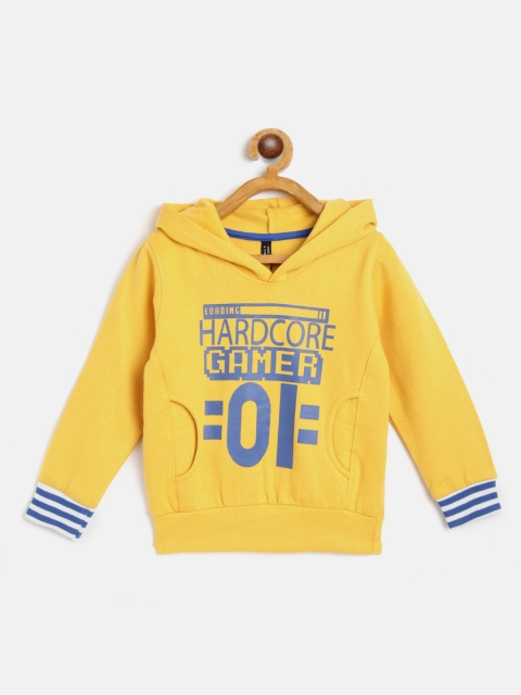 

GAME BEGINS Boys Mustard Yellow & Blue Alphanumeric Print Hooded Sweatshirt