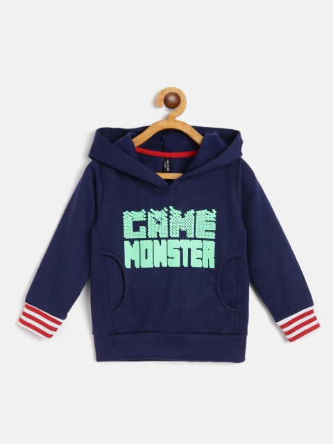

GAME BEGINS Boys Navy Blue & Green Typography Print Hooded Sweatshirt