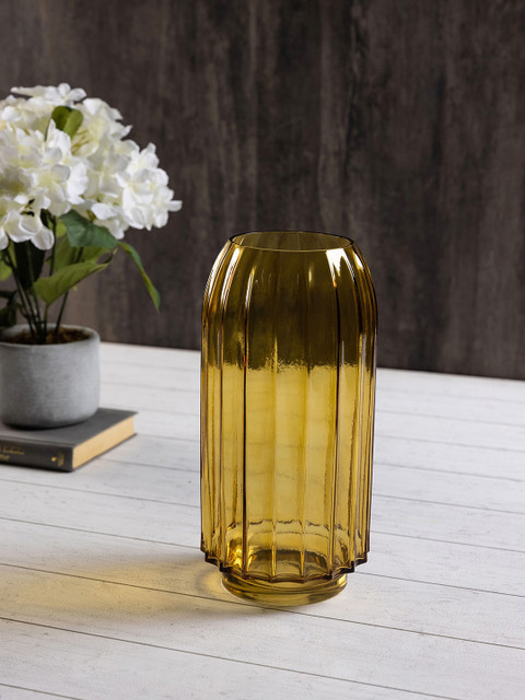 

Pure Home and Living Gold-Toned Ribbed Textured Cylindrical Flower Vase