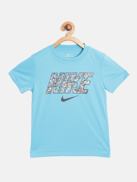 

Nike Boys Turquoise Blue Confetti Block Logo Dri-FIT Knit T-Shirt