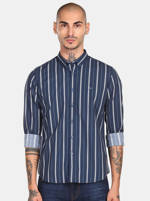 

Flying Machine Men Navy Blue & Grey Slim Fit Multi Stripes Cotton Casual Shirt