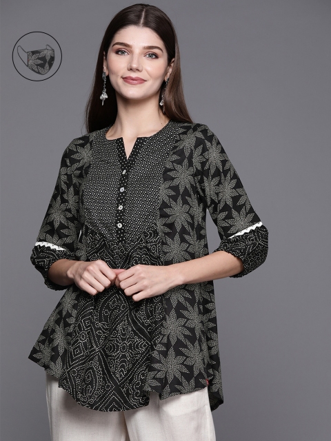 

Biba Black & Off White Ethnic Motifs Printed Kurti & Mask