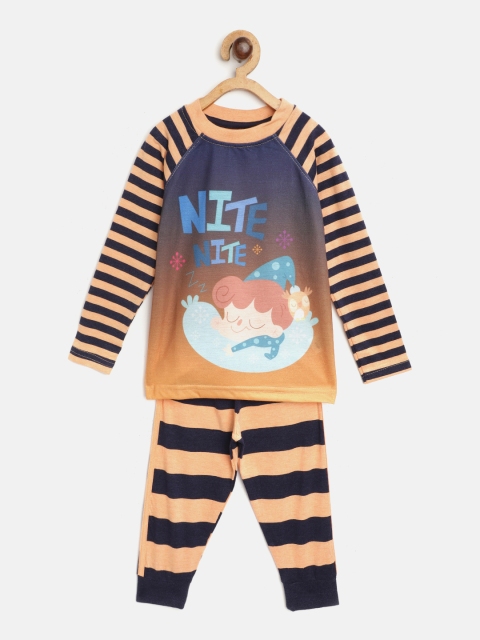 

GAME BEGINS Boys Peach-Coloured & Navy Blue Cotton Printed T-shirt with Joggers