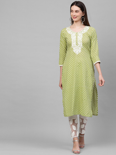 

FASHOR Women Green Ethnic Motifs Yoke Design Thread Work Kurta