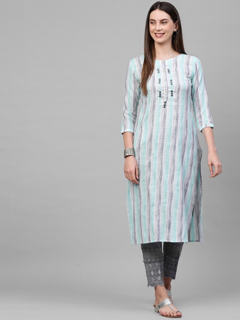 

FASHOR Women Sea Green Striped Kurta