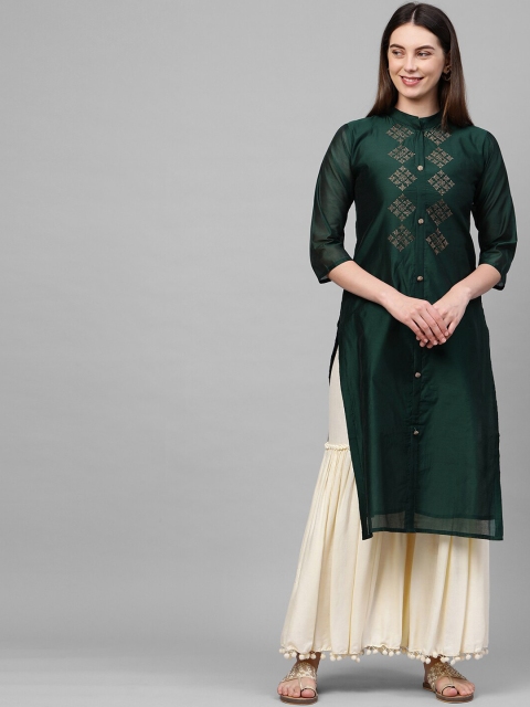 

FASHOR Women Green Embroidered Thread Work Chanderi Silk Chanderi Silk Kurta