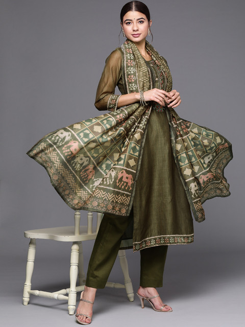 

Biba Women Olive Green Embroidered Unstitched Dress Material