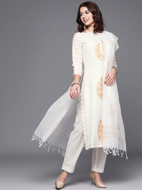 

Biba Women Off White & Golden Printed Pure Cotton Unstitched Dress Material