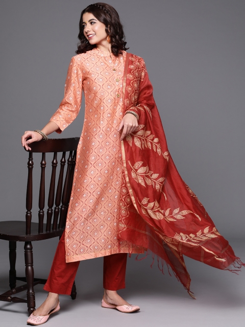 

Biba Peach-Coloured & Maroon Printed Unstitched Dress Material