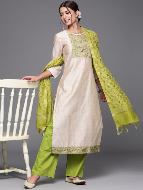 

Biba Green & Cream-Coloured Embroidered Unstitched Dress Material