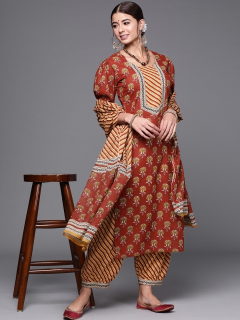 

Biba Women Rust Red & Beige Printed Pure Cotton Unstitched Dress Material