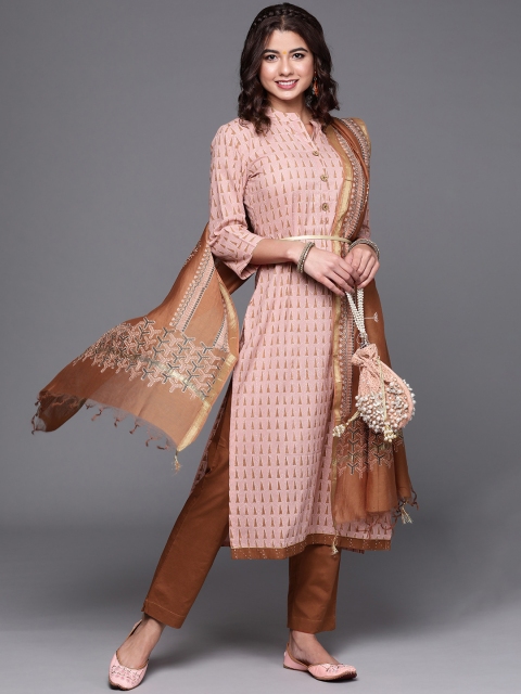 

Biba WOmen Peach-Coloured & Brown Printed Pure Cotton Unstitched Dress Material