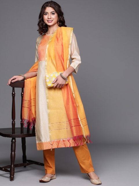 

Biba Women Orange & Off White Printed Unstitched Dress Material