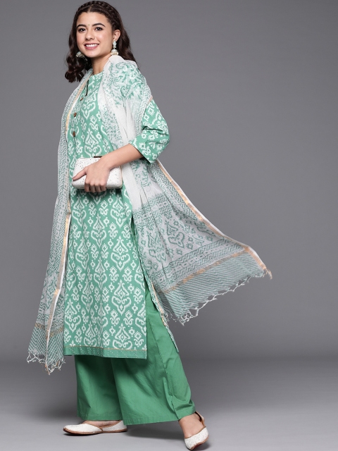 

Biba Green & Off White Printed Pure Cotton Unstitched Dress Material