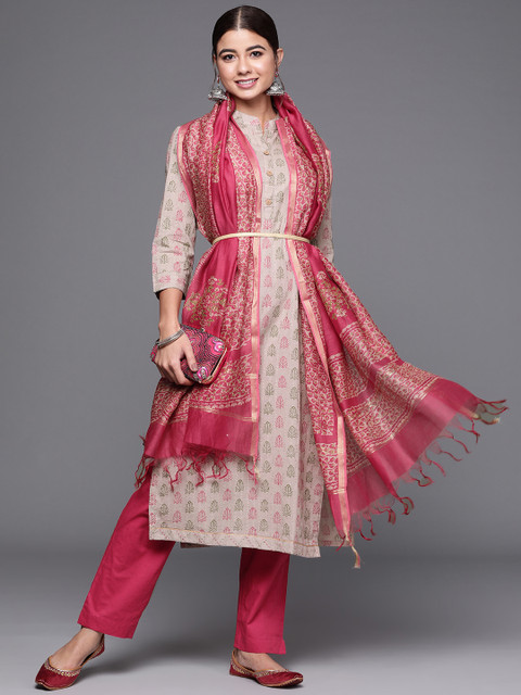 

Biba Women Grey & Pink Printed Pure Cotton Unstitched Dress Material