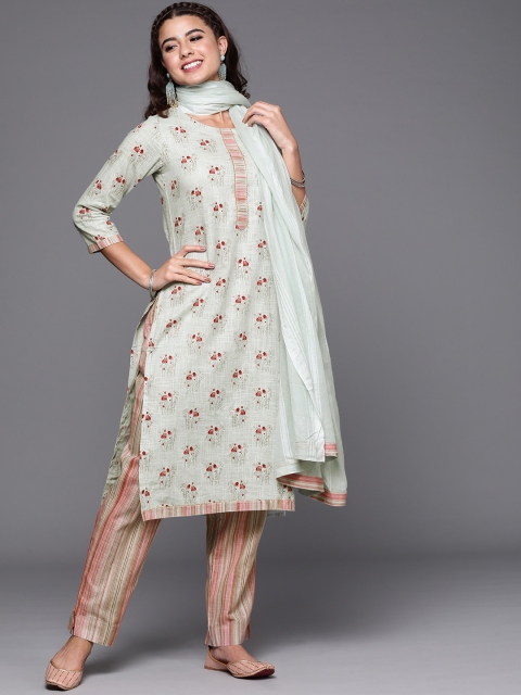

Biba Green & Rust Red Printed Pure Cotton Unstitched Dress Material