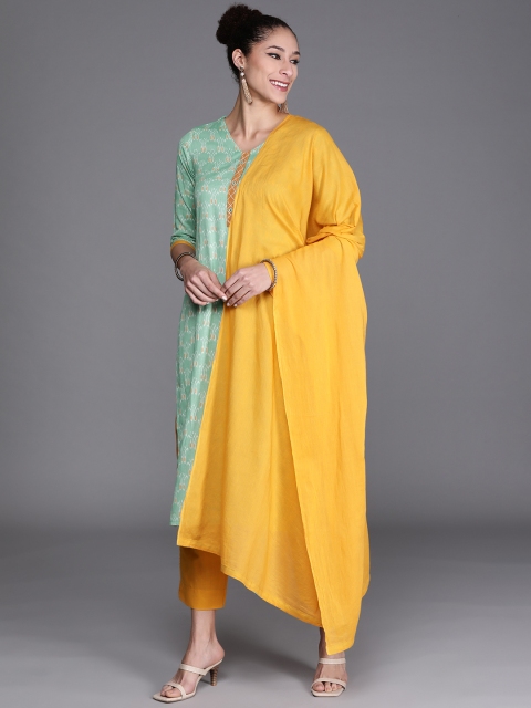 

Biba Sea Green & Yellow Printed Pure Cotton Unstitched Dress Material