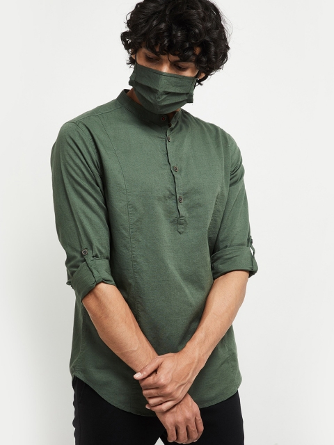 

max Men Green solid Casual Shirt With Matching Mask