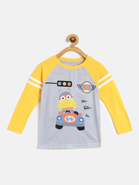 

GAME BEGINS Boys Grey Melange & Yellow Pure Cotton Printed T-shirt