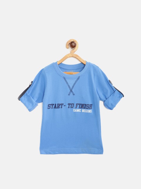 

GAME BEGINS Boys Blue Typography Print Roll-Up Sleeves Cotton T-shirt