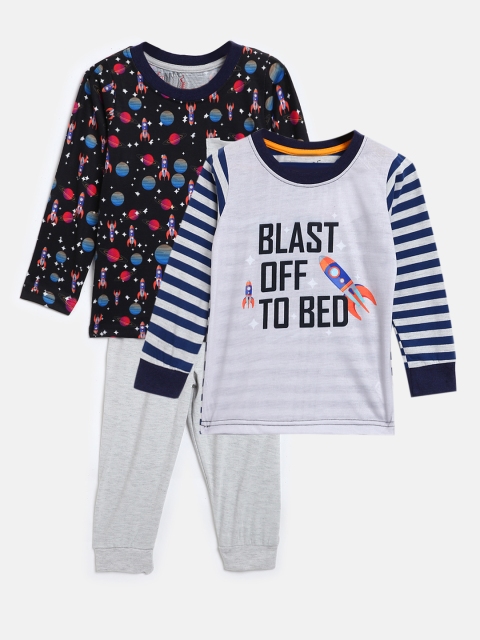 

GAME BEGINS Boys 3-Pcs Grey & Navy Blue Printed Clothing Set