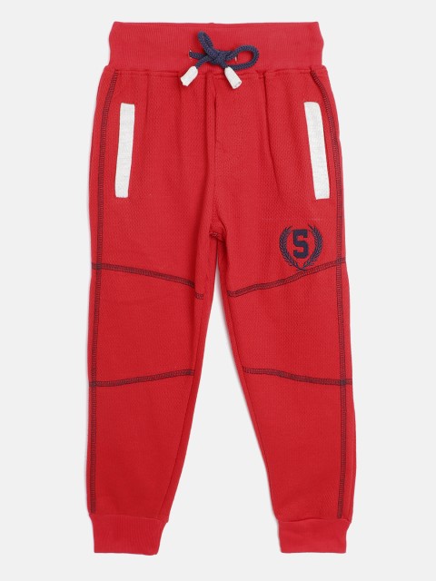 

GAME BEGINS Boys Red Self Design Pure Cotton Joggers with Embroidered Detail