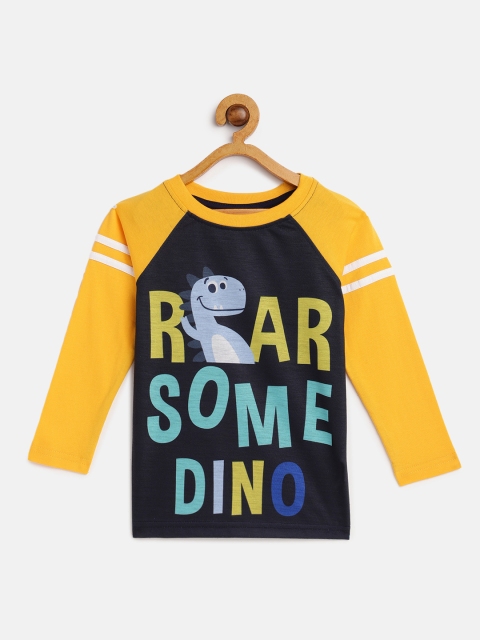 

GAME BEGINS Boys Navy Blue & Mustard Yellow Typography Print Pure Cotton T-shirt