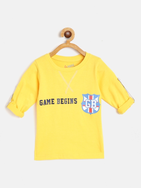 

GAME BEGINS Boys Yellow & Navy Pure Cotton Brand Logo Printed Roll-Up Sleeves T-shirt