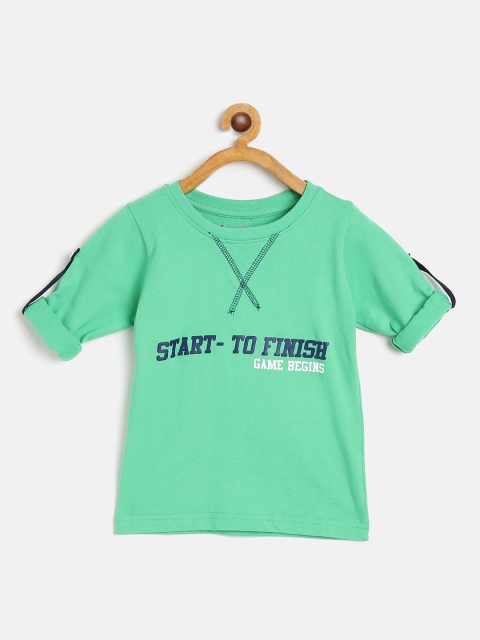 

GAME BEGINS Boys Green & Navy Cotton Brand Logo Print Roll-Up Sleeves T-shirt with Mask