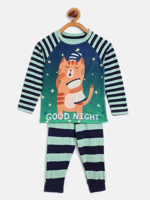 

GAME BEGINS Boys Green & Navy Blue Printed T-shirt with Striped Joggers