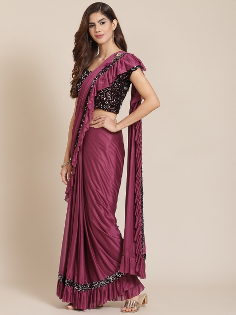 

Mitera Magenta Embellished Sequinned Ruffles Saree
