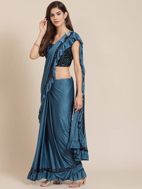 

Mitera Teal Blue Embellished Ruffled Sequinned Ready to Wear Saree