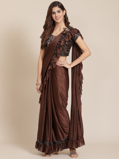 

Mitera Brown Embellished Sequinned Ruffles Saree