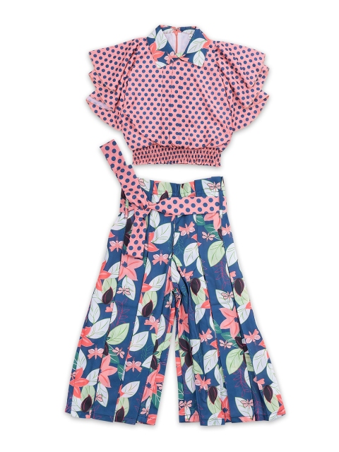 

ADIVA Girls Peach & Blue Printed Top & Palazzo Set