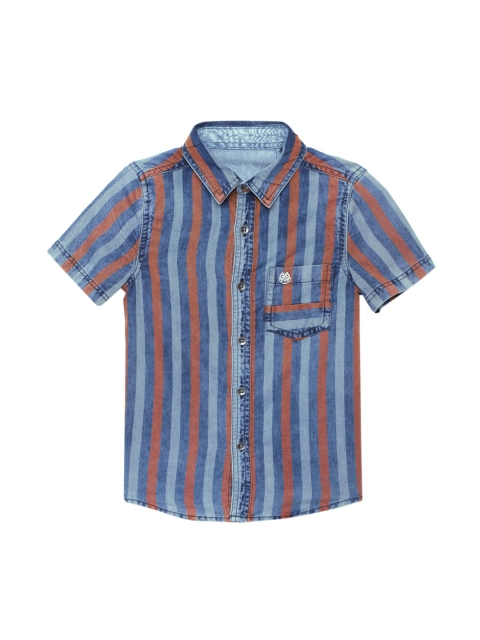 

UNDER FOURTEEN ONLY Boys Blue and Orange Striped Denim Casual Shirt